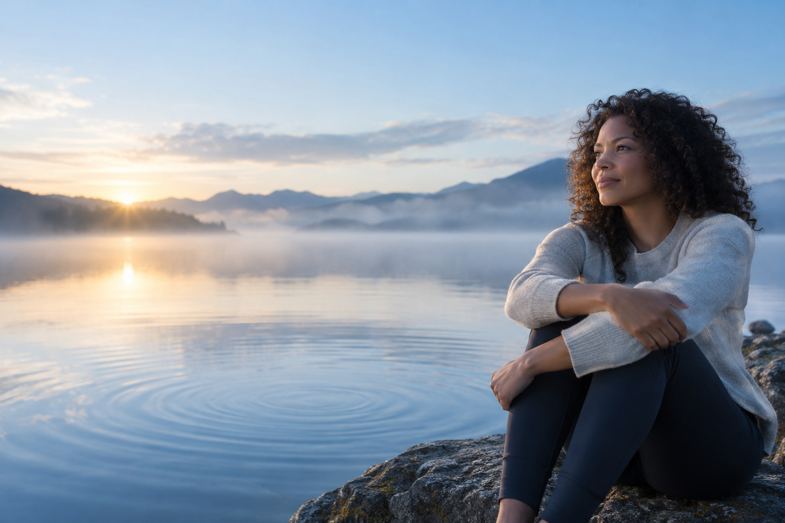 A peaceful human moment near water at first light