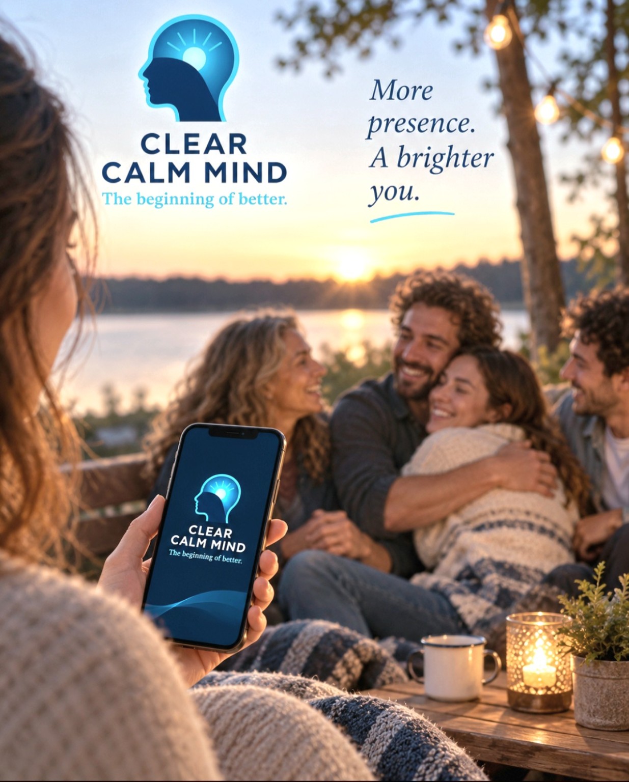 Friends connecting beside a lake while the Clear Calm Mind experience appears naturally on a phone